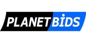 A blue and black logo link with the text Planet Bids in white on top of it. Clicking it will take you to the website.