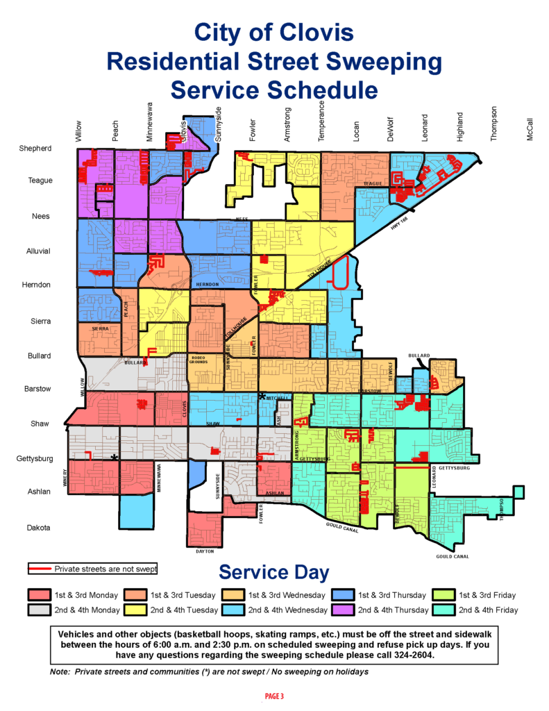 Map showing City street sweeping schedule by area