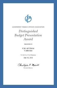 Certificate recognizing City of Clovis for Distinguished Budget Presentation Award
