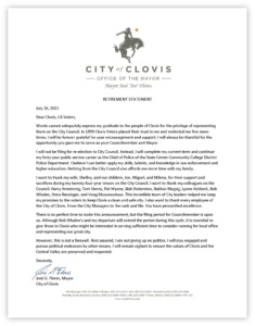 Letter from Mayor Jose Flores announcing his retirement from the Clovis City Council.
