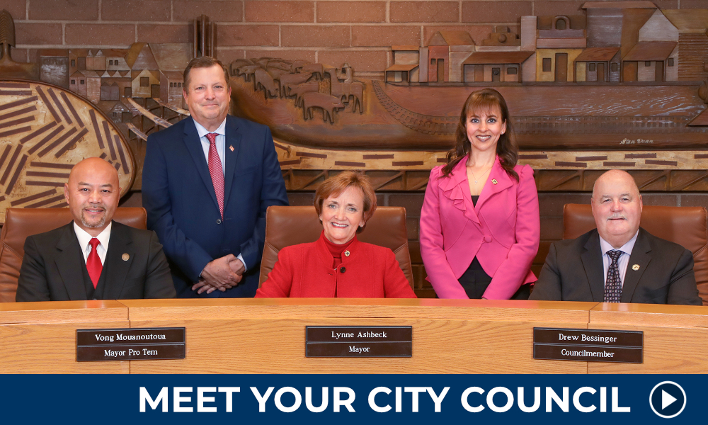 Photo of Clovis City Council from left to right: Councilmember Matt Basgall, Mayor Pro Tem Vong Mouanoutoua, Mayor Lynne Ashbeck, Councilmember Drew Bessinger, and Councilmember Diane Pearce.